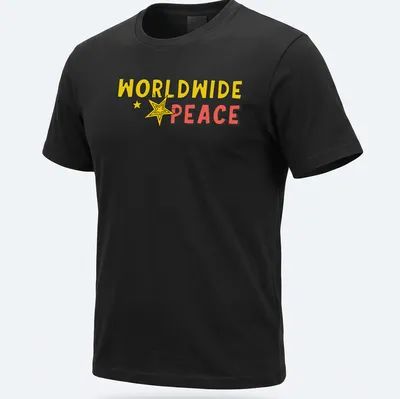 Bold cartoon graphic of a star with 'WORLDWIDE PEACE' text in yellow, red, and black
