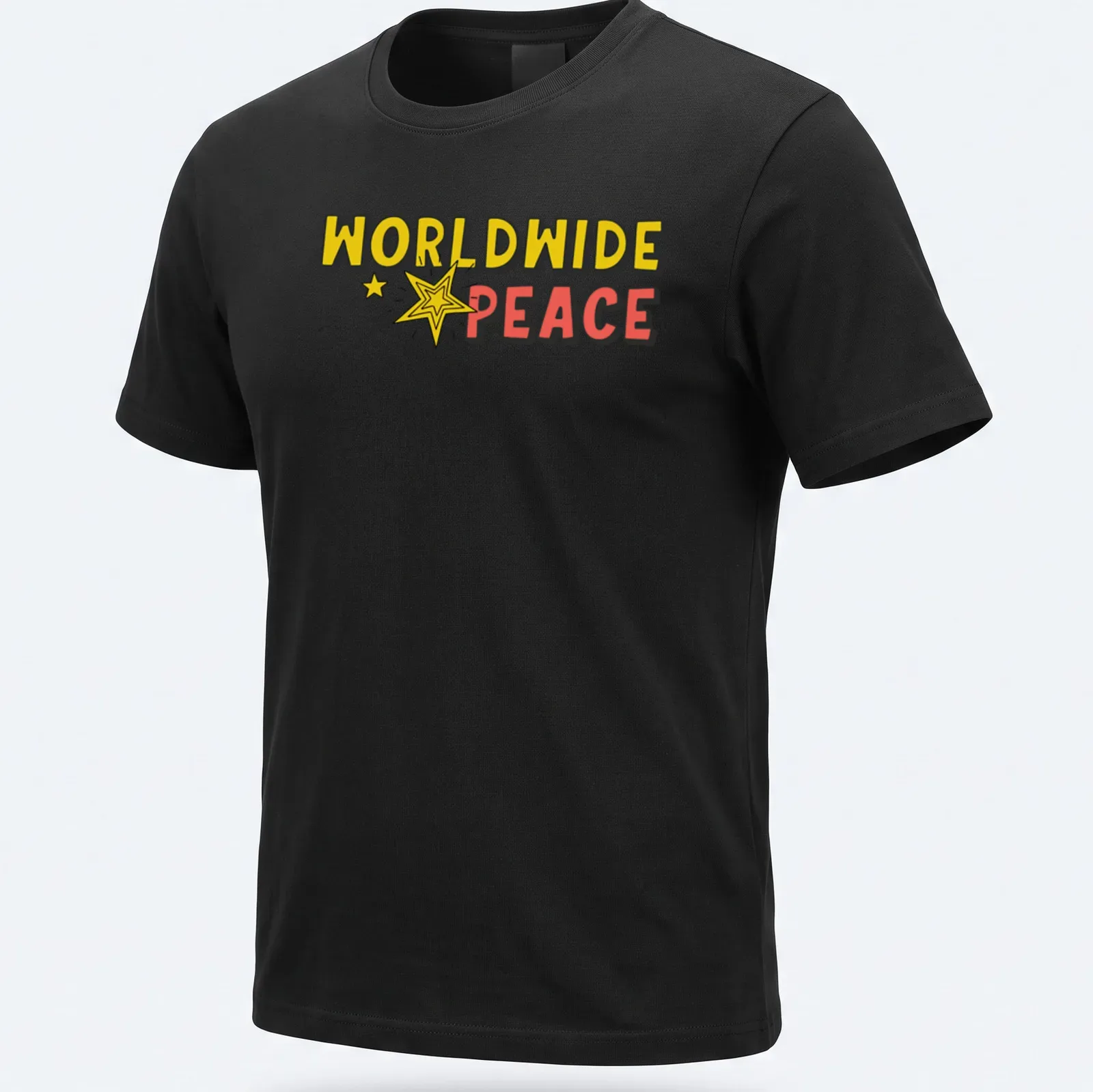Bold cartoon graphic of a star with 'WORLDWIDE PEACE' text in yellow, red, and black — printed on a unisex t-shirt