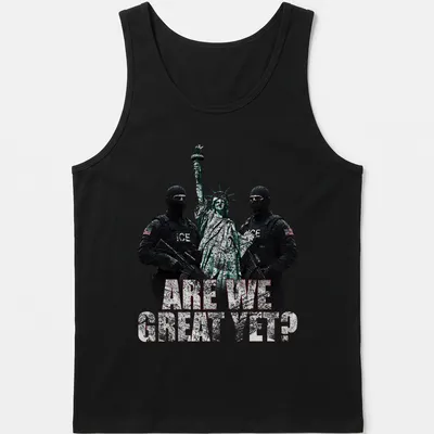 Grunge print of Statue of Liberty with ICE agents surrounding bold text — printed on a tank top