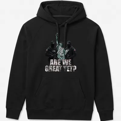 Grunge print of Statue of Liberty with ICE agents surrounding bold text — printed on a unisex hoodie
