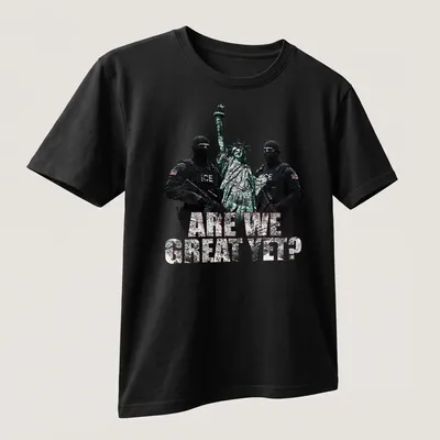Grunge print of Statue of Liberty with ICE agents surrounding bold text — printed on a unisex t-shirt (angled view)