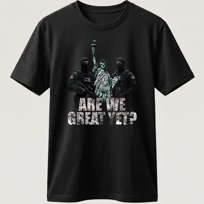 Grunge print of Statue of Liberty with ICE agents surrounding bold text