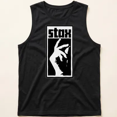 Bold graphic of the word 'stax' with a hand gesture in black and white. — printed on a tank top