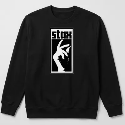 Bold graphic of the word 'stax' with a hand gesture in black and white. — printed on a unisex sweatshirt