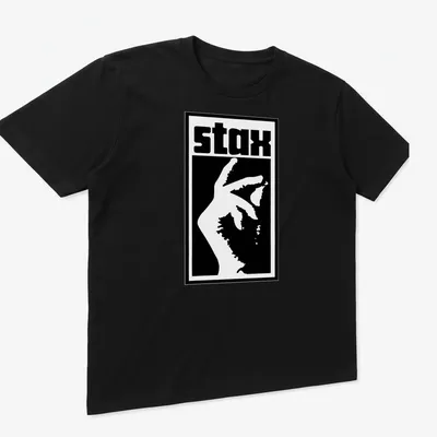 Bold graphic of the word 'stax' with a hand gesture in black and white. — printed on a unisex t-shirt (angled view)