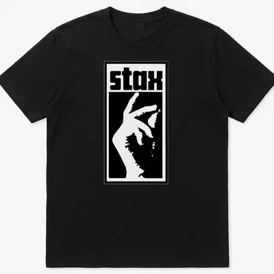 Bold graphic of the word 'stax' with a hand gesture in black and white.