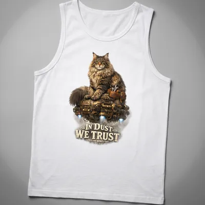 Realistic Steampunk cat piloting a mechanical hovercraft with intricate details — printed on a tank top