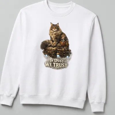 Realistic Steampunk cat piloting a mechanical hovercraft with intricate details — printed on a unisex sweatshirt