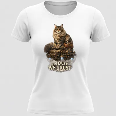 Realistic Steampunk cat piloting a mechanical hovercraft with intricate details — printed on a women's shirt