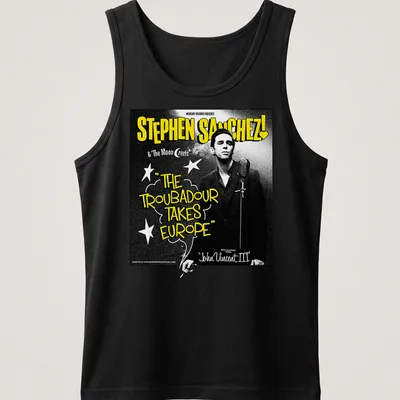 Vintage concert poster tee featuring Stephen Sanchez's tour text in black, white, and yellow — printed on a tank top