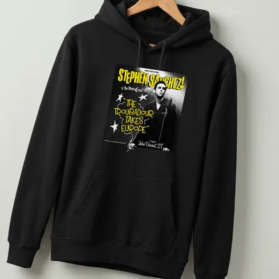 Vintage concert poster tee featuring Stephen Sanchez's tour text in black, white, and yellow — printed on a unisex hoodie