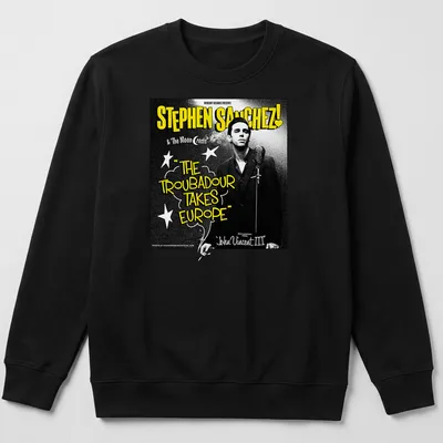 Vintage concert poster tee featuring Stephen Sanchez's tour text in black, white, and yellow — printed on a unisex sweatshirt