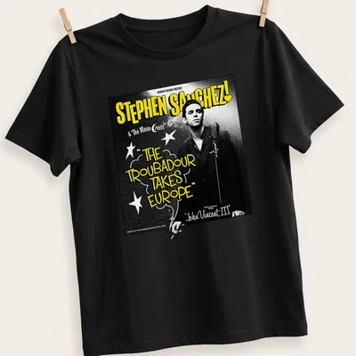 Vintage concert poster tee featuring Stephen Sanchez's tour text in black, white, and yellow