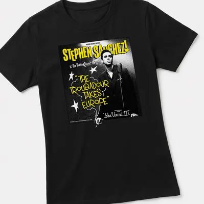 Vintage concert poster tee featuring Stephen Sanchez's tour text in black, white, and yellow — printed on a women's shirt