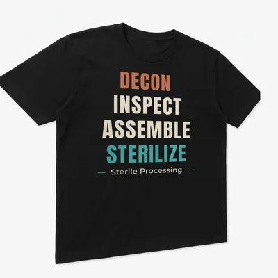 Modern typography shirt honoring Sterile Processing Technicians — printed on a unisex t-shirt (angled view)