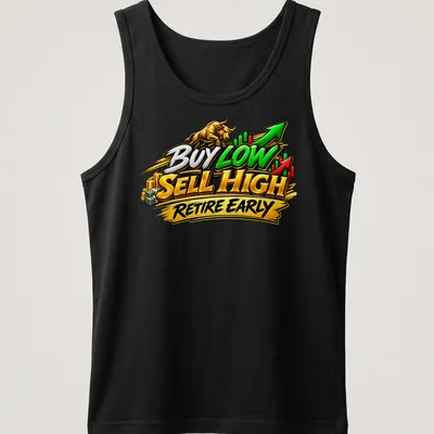 Bold typography on a stock trading theme featuring a bull and vibrant colors — printed on a tank top