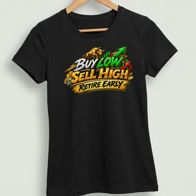 Bold typography on a stock trading theme featuring a bull and vibrant colors — printed on a women's shirt