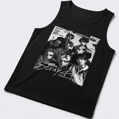 Vintage magazine cover style T-shirt with young men in black, white, and gray. — printed on a tank top