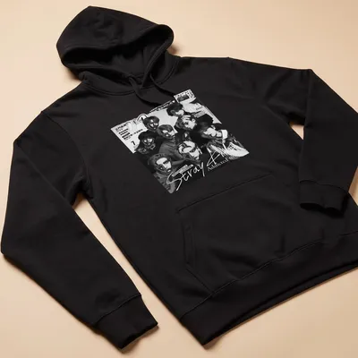 Vintage magazine cover style T-shirt with young men in black, white, and gray. — printed on a unisex hoodie