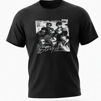 Vintage magazine cover style T-shirt with young men in black, white, and gray.