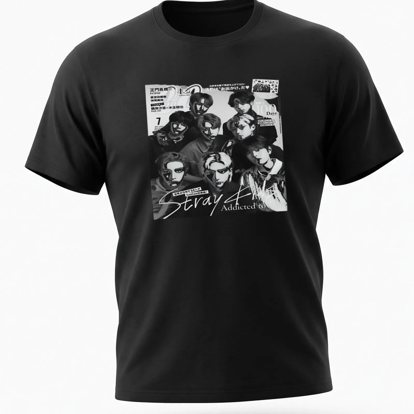 Vintage magazine cover style T-shirt with young men in black, white, and gray. — printed on a unisex t-shirt
