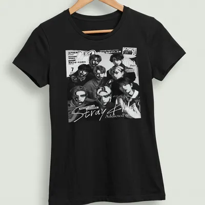 Vintage magazine cover style T-shirt with young men in black, white, and gray. — printed on a women's shirt