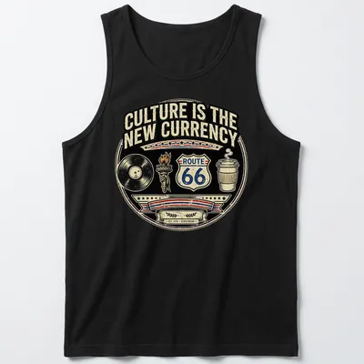 Vintage badge design with Route 66 sign, vinyl record, and coffee cup — printed on a tank top