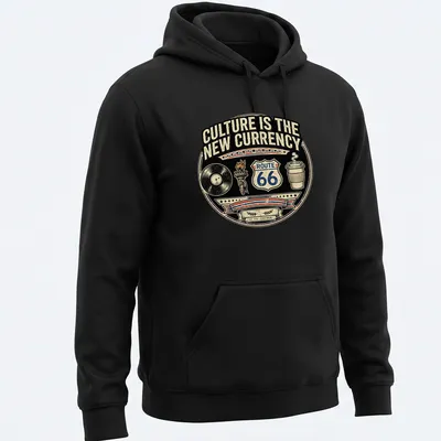 Vintage badge design with Route 66 sign, vinyl record, and coffee cup — printed on a unisex hoodie