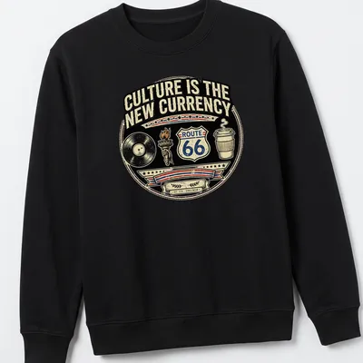 Vintage badge design with Route 66 sign, vinyl record, and coffee cup — printed on a unisex sweatshirt