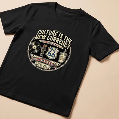 Vintage badge design with Route 66 sign, vinyl record, and coffee cup