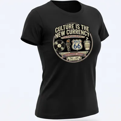 Vintage badge design with Route 66 sign, vinyl record, and coffee cup — printed on a women's shirt