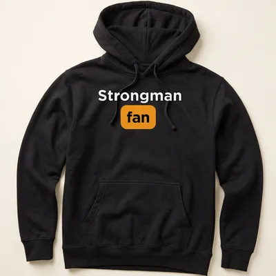 Bold typography Strongman Fan t-shirt in black, orange, and white — printed on a unisex hoodie