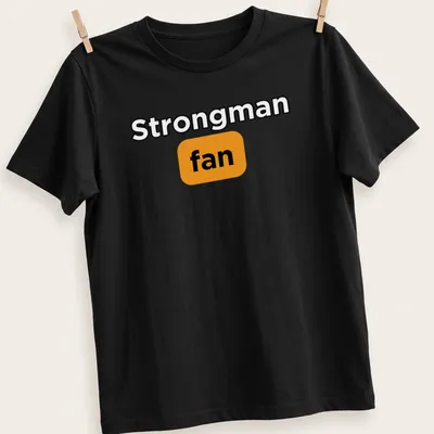 Bold typography Strongman Fan t-shirt in black, orange, and white