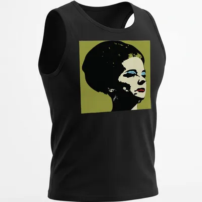 Pop art portrait of Liz Collins in bold colors including black, cream, blue, green, and red. — printed on a tank top
