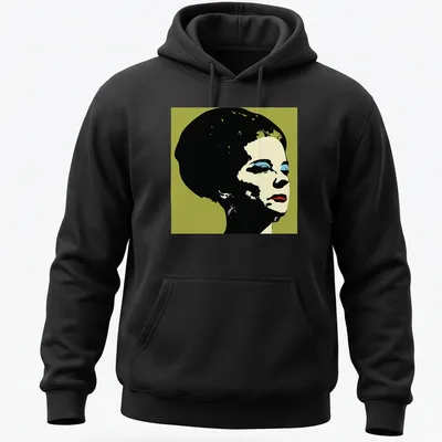Pop art portrait of Liz Collins in bold colors including black, cream, blue, green, and red. — printed on a unisex hoodie