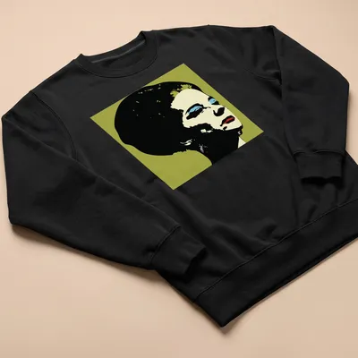 Pop art portrait of Liz Collins in bold colors including black, cream, blue, green, and red. — printed on a unisex sweatshirt