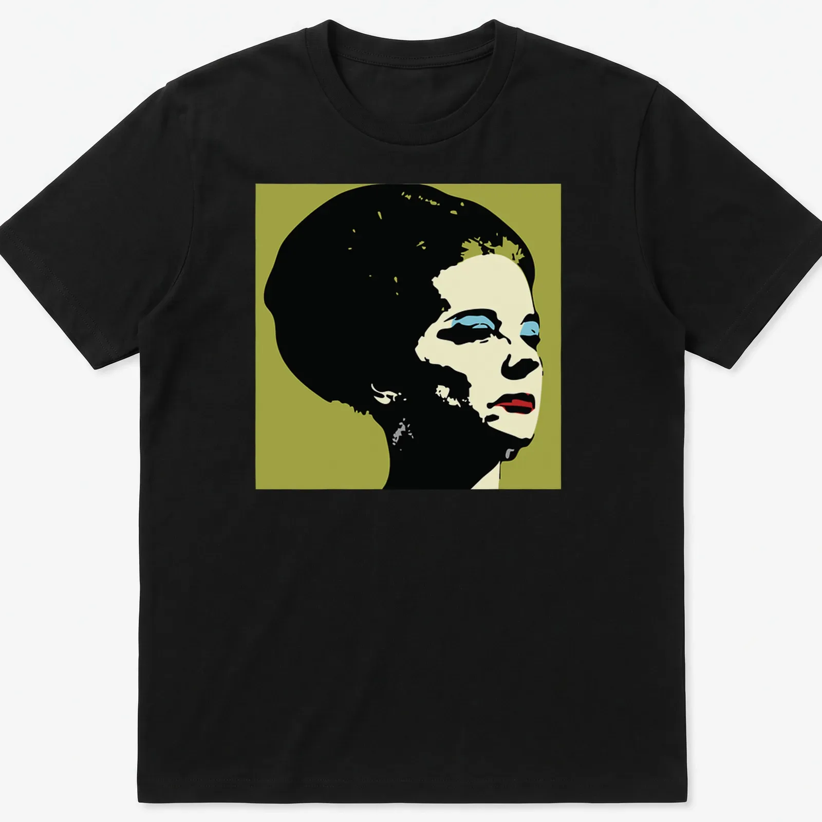 Pop art portrait of Liz Collins in bold colors including black, cream, blue, green, and red. — printed on a unisex t-shirt