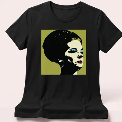 Pop art portrait of Liz Collins in bold colors including black, cream, blue, green, and red. — printed on a women's shirt