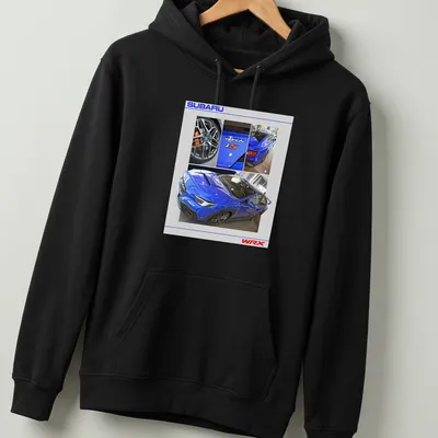 Photographic print of a blue Subaru WRX tS sports car with bold lettering. — printed on a unisex hoodie