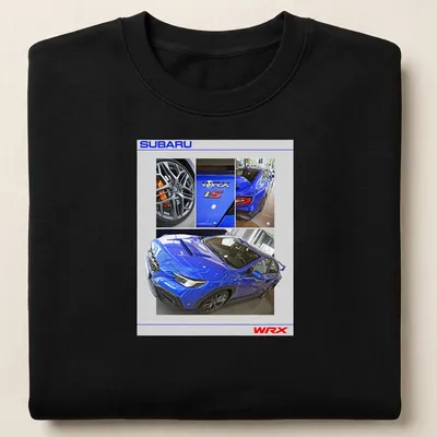 Photographic print of a blue Subaru WRX tS sports car with bold lettering. — printed on a unisex sweatshirt