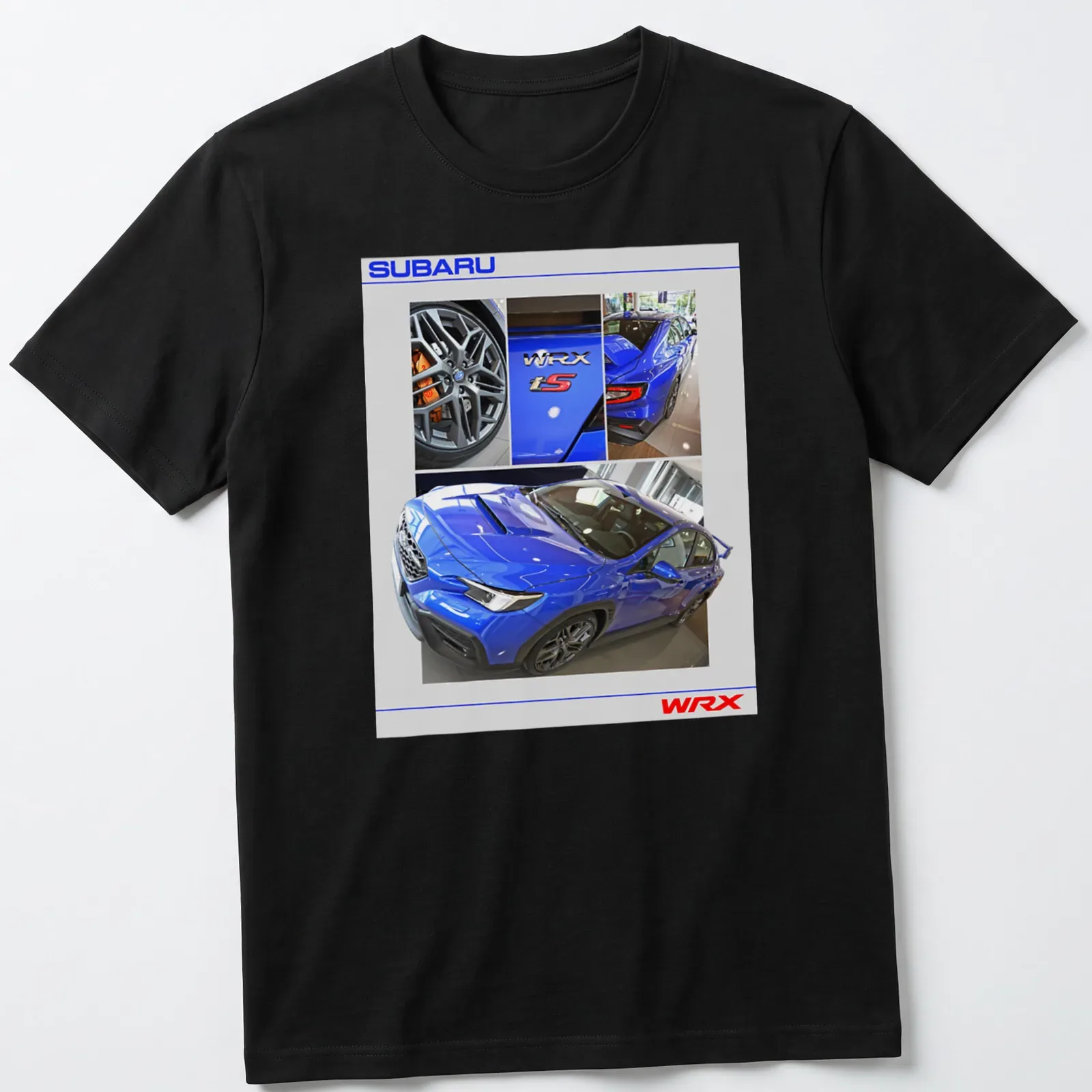 Photographic print of a blue Subaru WRX tS sports car with bold lettering. — printed on a unisex t-shirt