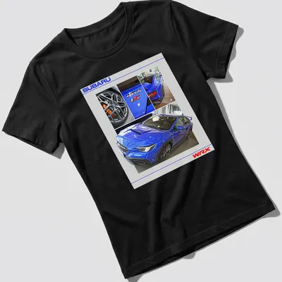 Photographic print of a blue Subaru WRX tS sports car with bold lettering. — printed on a women's shirt