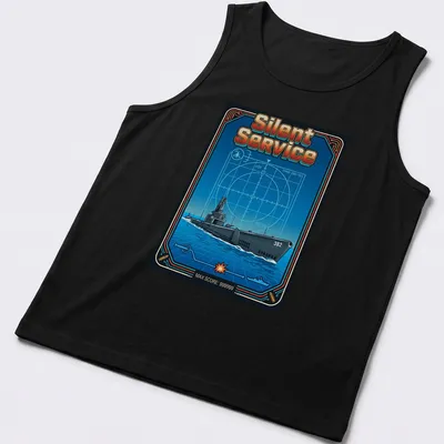 Retro submarine design with the text 'Silent Service' in blue and orange tones. — printed on a tank top