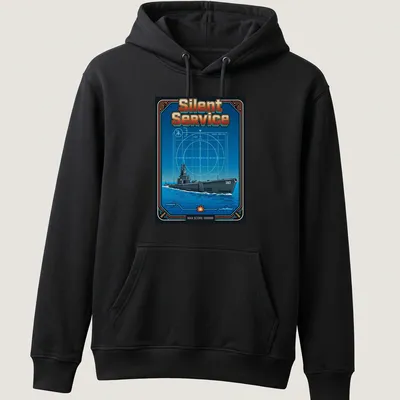Retro submarine design with the text 'Silent Service' in blue and orange tones. — printed on a unisex hoodie