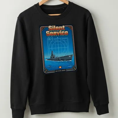 Retro submarine design with the text 'Silent Service' in blue and orange tones. — printed on a unisex sweatshirt