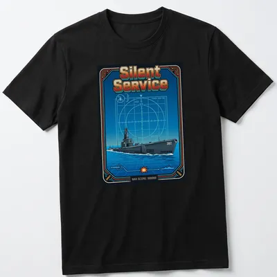 Retro submarine design with the text 'Silent Service' in blue and orange tones.