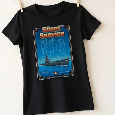 Retro submarine design with the text 'Silent Service' in blue and orange tones. — printed on a women's shirt