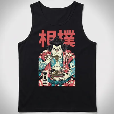 Cartoon sumo wrestler eating ramen noodles with Japanese kanji text — printed on a tank top