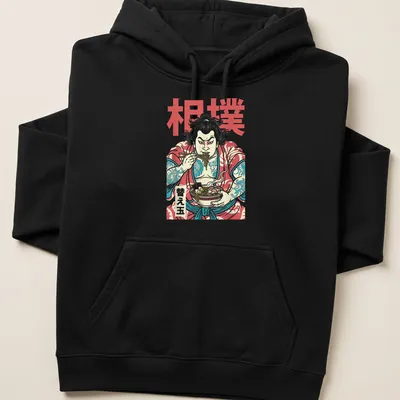 Cartoon sumo wrestler eating ramen noodles with Japanese kanji text — printed on a unisex hoodie