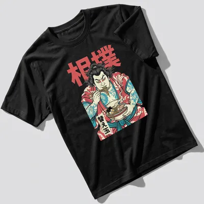 Cartoon sumo wrestler eating ramen noodles with Japanese kanji text